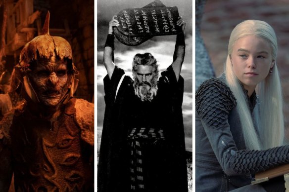 De gauche à droite, excès bestial dans The Rings of Power, Charlton Heston canalise Moses et Milly Alcock dans House of the Dragon.