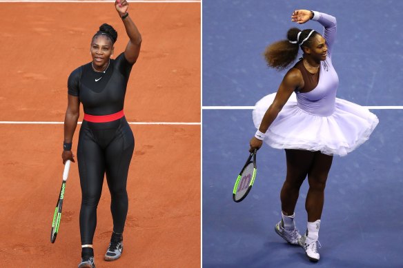 Serena Williams, à gauche, dans une combinaison Nike en 2018, et à droite, la même année, dans un tutu conçu par le regretté designer américain Virgil Abloh.
