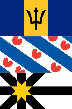 Les drapeaux de la Barbade, de la Frise (une province des Pays-Bas) et du Sutherland (un comté écossais).
