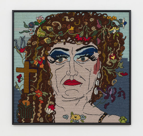 Dulcie - Our Lady of Flowers 1994, coutures laine sur toile de jute.