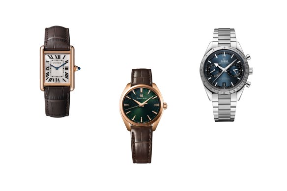 Montres à remontage manuel : Tank Louis Cartier, Grand Seiko SBGW264 et Omega Speedmaster '57.