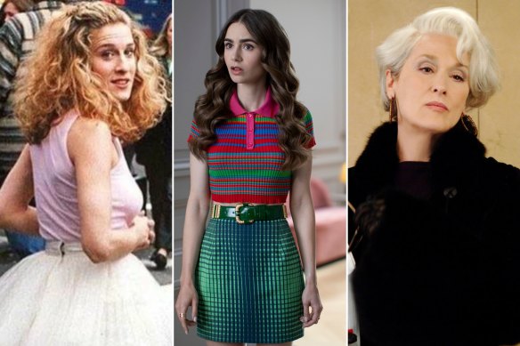 Notes de terrain (de gauche à droite) Sarah Jessica Parker dans 'Sex and the City', Lily Collins dans 'Emily in Paris', Meryl Streep dans 'The Devil Wears Prada'. 