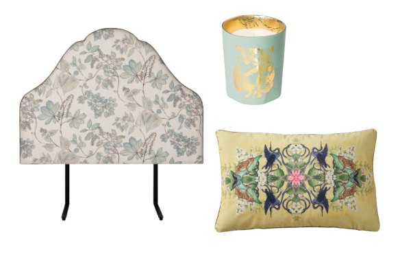 tête de lit queen « Alice » ;  « L'Esprit de l'Eau », une bougie évocatrice au parfum de thé ;  Coussin 