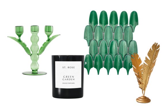 Bougeoir « Palmier » ;  bougie « Jardin vert » ;  Tuiles « Fern Flora » ;  Lampe à poser 