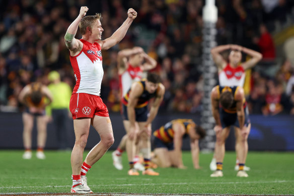 Isaac Heeney célèbre la victoire de Sydney sur la sirène.