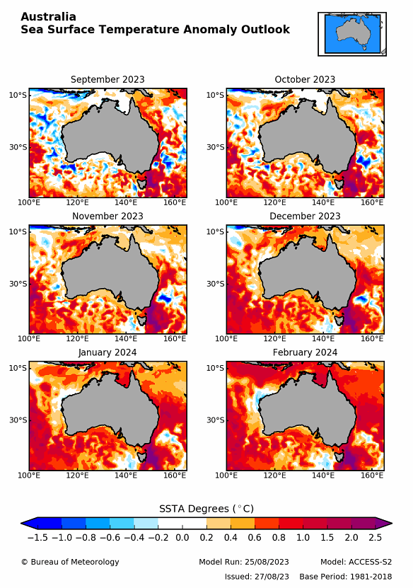 Les températures océaniques prévues pour les mois à venir montrent des températures supérieures à la moyenne dans toute l’Australie.