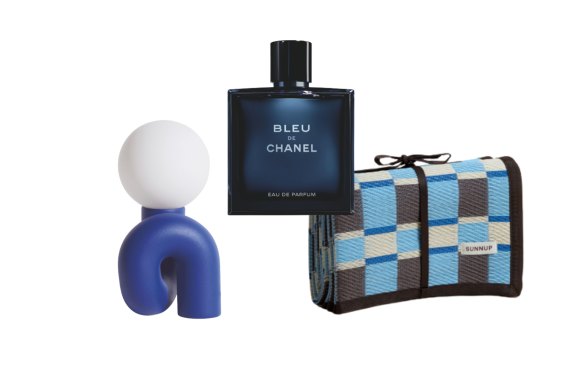 Lampe « Néoténique » ;  EDP ​​« Bleu de Chanel » ;  Tapis extérieur « Azur ».  