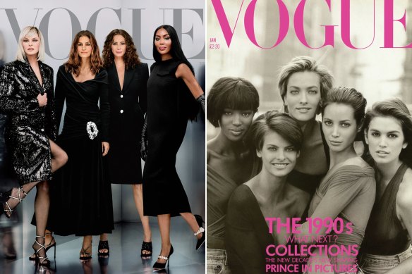 Le numéro de septembre du « Vogue » américain avec les mannequins Linda Evangelista, Cindy Crawford, Christy Turlington et Naomi Campbell ;  Tatjana Patitz (au centre) photographiée par Peter Lindbergh aux côtés de Naomi Campbell, Linda Evangelista, Christy Turlington et Cindy Crawford pour le numéro de janvier 1990 du « Vogue » britannique.