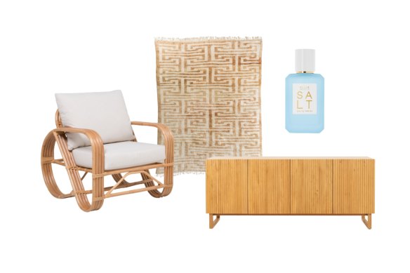 Chaise « Sanur » ;  Tapis Lazarus Beni M'rirt » ;  EDP ​​« Sel » ;  Buffet « Pâturer »