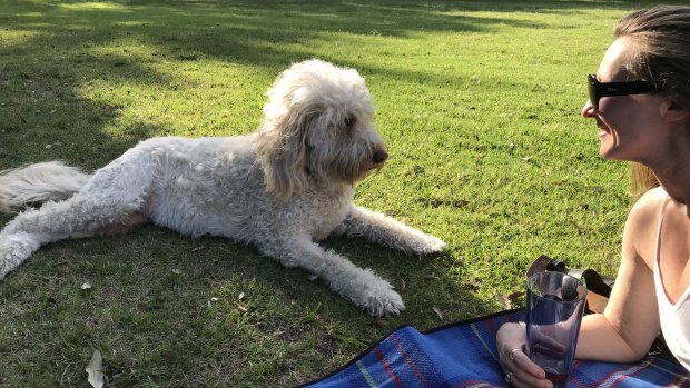 Kate Halfpenny à Darling Gardens avec son chien, Maggie.
