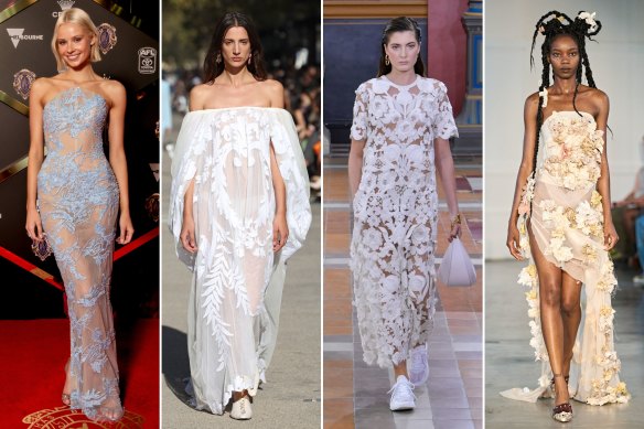 Tapis rouge jusqu'au podium (de gauche à droite)... Annalise Dalins en Oglia-Loro Couture, et Stella McCartney, Valentino et Les Fleurs Studios à Paris.