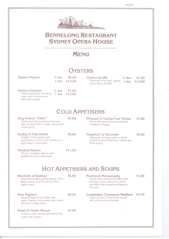 Menu de 1984 du restaurant Bennelong.
