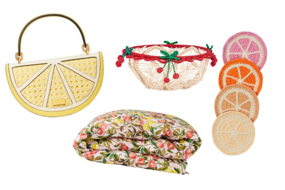 Sac « Lemon Drop » ;  Housse de couette en lin « Zesty » ;  Panier en raphia;  Sous-verres « Fruitvale ».