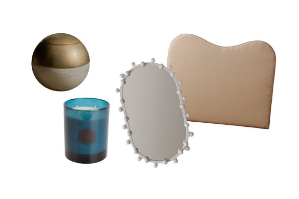 Brûleur à mazout, bougie « Mornington Peninsula » ;  Miroir « La Grêle » ;  Tête de lit « Maude ».