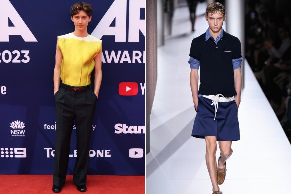 Troye Sivan en Prada aux ARIA (à gauche) et marchant pour Miu Miu à la Fashion Week de Paris.