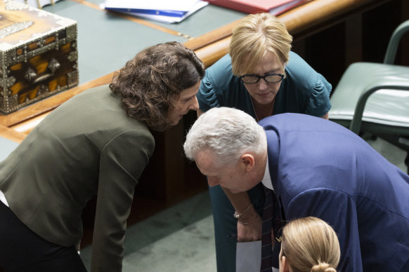 Allegra Spender et Zoe Daniel en discussion avec le leader de la Chambre Tony Burke pendant l'heure des questions. 