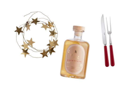 Guirlande « Étoile », 55 $ ;  Zonzo ;  Gin « Panettone » ;  Coffret à découper « Pop Unis ».