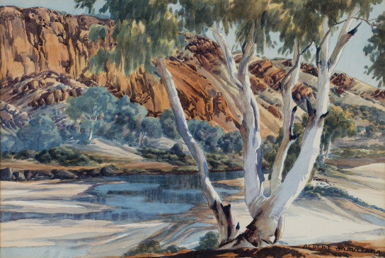 Tableau d'Albert Namatjira Les Eaux du Finke.