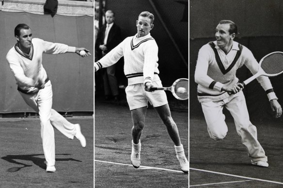 Les champions du sauteur de tennis incluent (de gauche à droite) Bill Tilden, Rod Laver et Fred Perry.