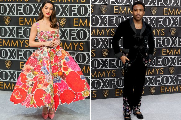 L'acteur de « The White Lotus » Simona Tabasco dans Marni et Donald Glover dans Bode lors de la 75e édition des Emmy Awards.