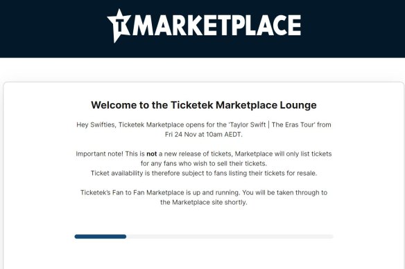 La salle d'attente pour les billets Taylor Swift revendus sur Ticketek Marketplace.