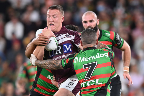 Sean Keppie en action pour Manly contre les Rabbitohs.