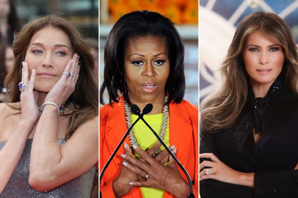Carla Bruni à Cannes en 2023 possède une importante collection de bijoux mais est rarement vue avec sa bague de fiançailles.  Michelle Obama avec sa bague solitaire originale en 2012. Portrait officiel de Melania Trump avec sa bague de remplacement en 2017.