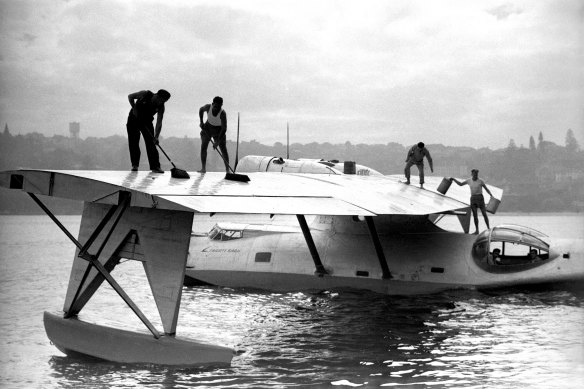 L'hydravion Catalina Frigate Bird II à Rose Bay le jour de son vol vers le Chili en mars 1951.