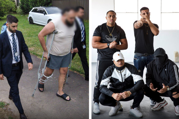 La police de Nouvelle-Galles du Sud arrête un homme (à gauche) en janvier pour un complot présumé visant à tuer des membres du groupe de rap OneFour (à droite).