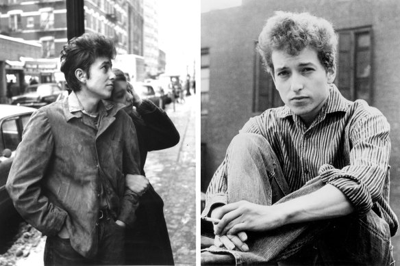 Dylan marchant avec Suze Rotolo en septembre 1961 (à droite) ; Dylan en 1964.