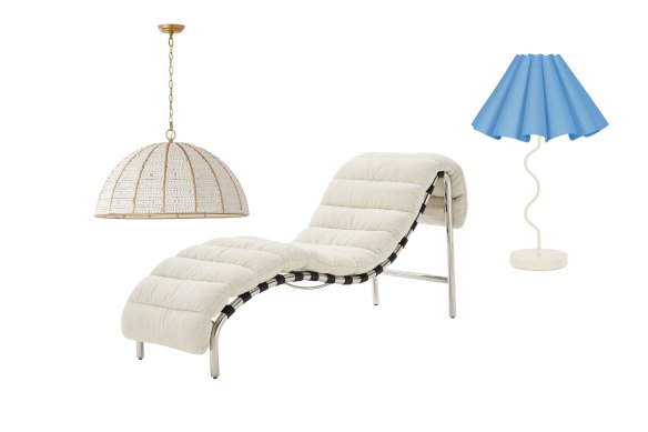 Suspension « Estelle » ; Méridienne « Astrid » ; Lampe à poser « Cora ».