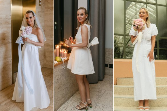 Tessa-Jay Louis en tenue de mariée par (de gauche à droite) Bernadette, Brandon Maxwell et Maggie Marilyn.