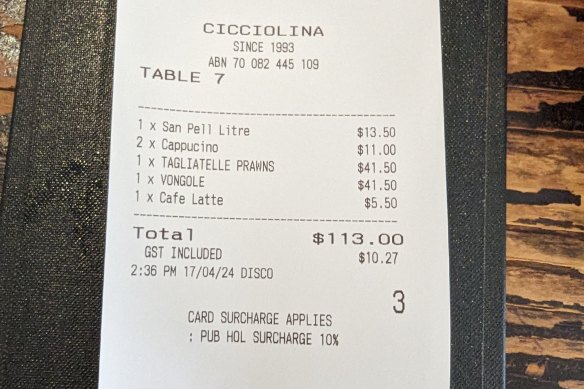 L'addition du déjeuner à la Cicciolina.