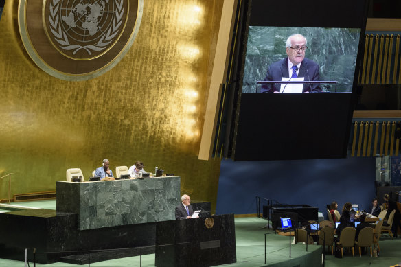 L'ambassadeur palestinien auprès de l'ONU, Riyad Mansour, s'adresse à l'Assemblée générale de l'ONU.