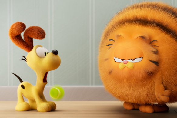 Odie et Garfield (exprimés par Chris Pratt) dans The Garfield Movie.