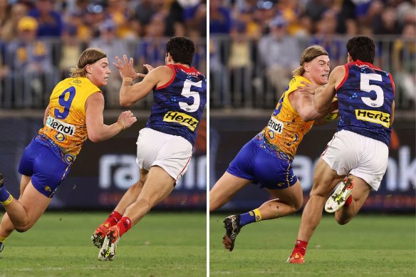 La superstar de Melbourne, Christian Petracca, apprend qu'il ne faut pas discuter avec Harley Reid.