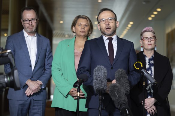 Bandt s'adresse aux médias, avec (de gauche à droite) les sénateurs verts David Shoebridge, Dorinda Cox et Penny Allman-Payne.