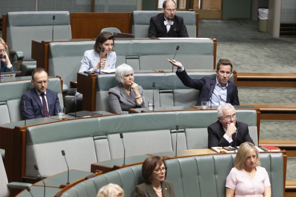 (De gauche à droite) les députés Bandt et Verts Elizabeth Watson-Brown et Max Chandler-Mather pendant l'heure des questions.
