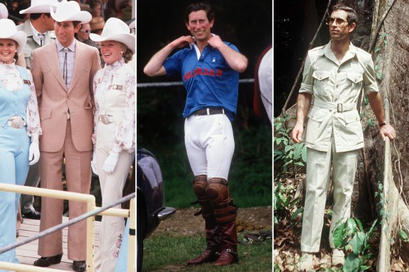 Les nombreux looks du roi Charles : en tenue de cow-boy en visite à Calgary, au Canada, en 1977 ; polo chic en 1986 ; combinaison de safari complète au Cameroun en 1990.