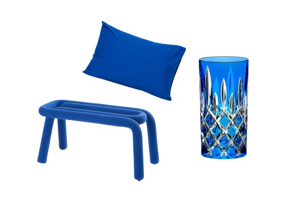 Banc « audacieux » ; Taie d'oreiller « Saphir » ; Lampe de table « Cindy » ; Verre highball « Laudon ».