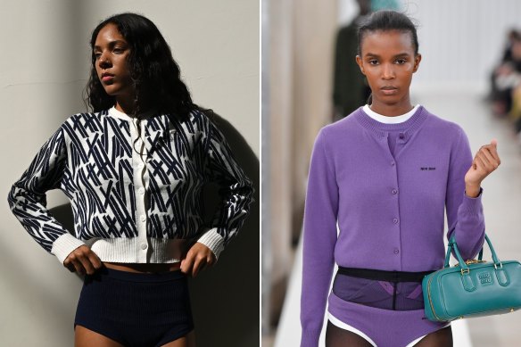 Un mannequin au défilé Viktoria & Woods lors de la Fashion Week australienne en mai ; Défilé Miu Miu automne/hiver 2023-2024 à la Fashion Week de Paris.