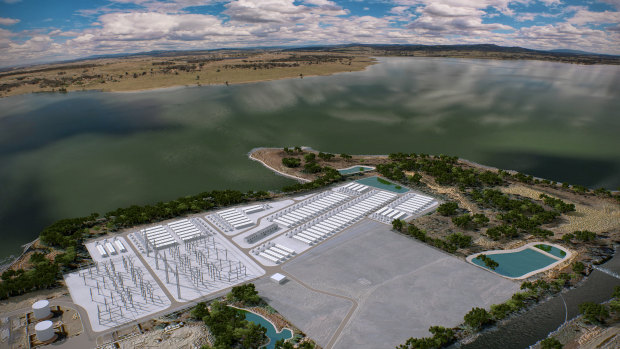 Vue d'artiste de la batterie Liddell d'AGL, d'une valeur de 750 millions de dollars, qui sera construite sur le site de son ancienne centrale électrique au charbon dans la Hunter Valley de Nouvelle-Galles du Sud.