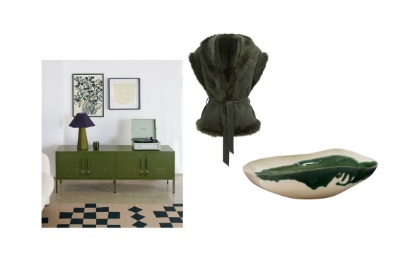 Casier de rangement « The Standard » ; gilet en peau lainée « Isabella » ; bol.