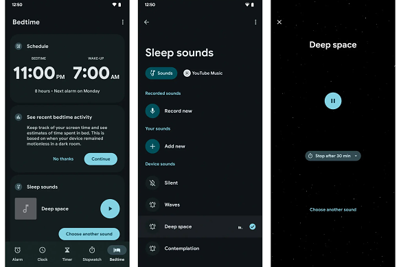 L'application Horloge d'Android inclut la possibilité de sélectionner vos propres « sons de sommeil » (qui peuvent être à peu près tout ce que vous enregistrez ou ajoutez à l'application) et de définir une minuterie pour la lecture.