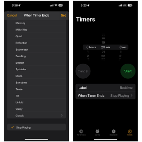 Dans l'application Horloge iOS, vous pouvez commander la fonction Minuterie pour arrêter la lecture de musique lorsque la période spécifiée est écoulée. Vous pouvez également étiqueter et réutiliser les minuteries.
