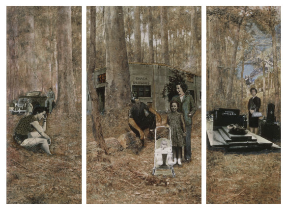 Les Immigrants, 1983, un collage de photographies de famille sur une reproduction de McCubbin, comprend les photographies de famille de Zahalka de ses parents et de sa sœur (panneau de gauche), l'entreprise de carrosserie de son père à Rushcutters Bay et l'artiste dans une poussette avec sa sœur et sa mère (panneau du milieu), et la tombe de la famille Zahalka dans ce qui était alors connu sous le nom de Tchécoslovaquie.