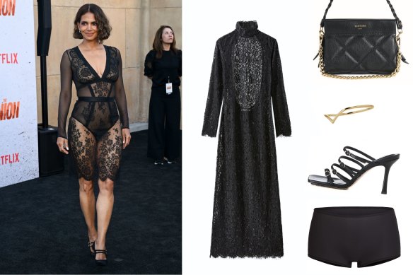 De purs délices : Halle Berry assistant à la première de « The Union » à Los Angeles portant une robe de La Perla ; robe en dentelle « Anke » de Courntey Zheng, 420 $ ; sac à main matelassé « Ella » de Vestirsi, 379 $ ; bague pendante Sarah & Sebastian, 300 $ ; chaussure Alias ​​Mae Leana « Leanna », 229,95 $ ; shorty Skims, 39,95 $, David Jones.