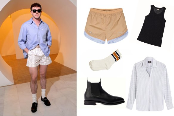 Cotes courtes : Paul Mescal en juin assistant au défilé de mode masculine Gucci à Milan ; short Adidas Originals x Grace Wales Bonner, 186 $, Farfetch ; débardeur en maille Haulier, 125 $ ; chemise rayée MJ Bale « Barney », 149,95 $ ; chaussettes Cotton On, 6,99 $ ; bottes Comfort Craftsman de RMWilliams, 649 $.