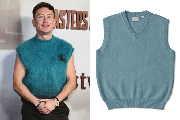 De gauche à droite : Barry Keoghan ; gilet en mérinos à col en V Joseph & James.
