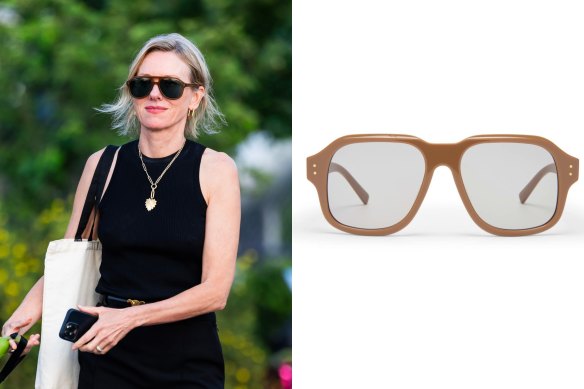 Naomi Watts avec une approche rétro des lunettes de soleil ; lunettes de soleil Oroton « Sigrid ».